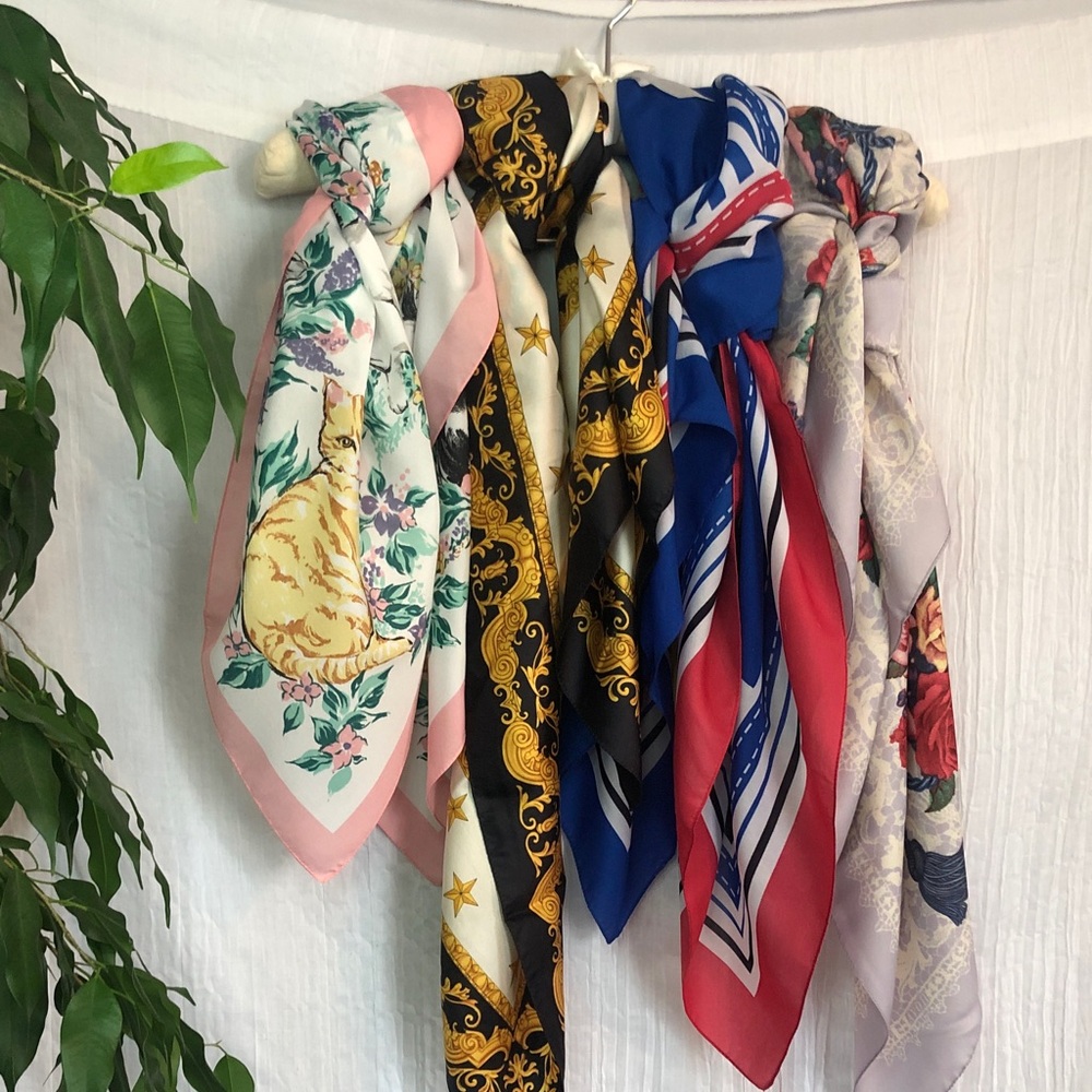 Vintage 90s silk & polyester scarfs head wraps - floral, cats , abstract, France